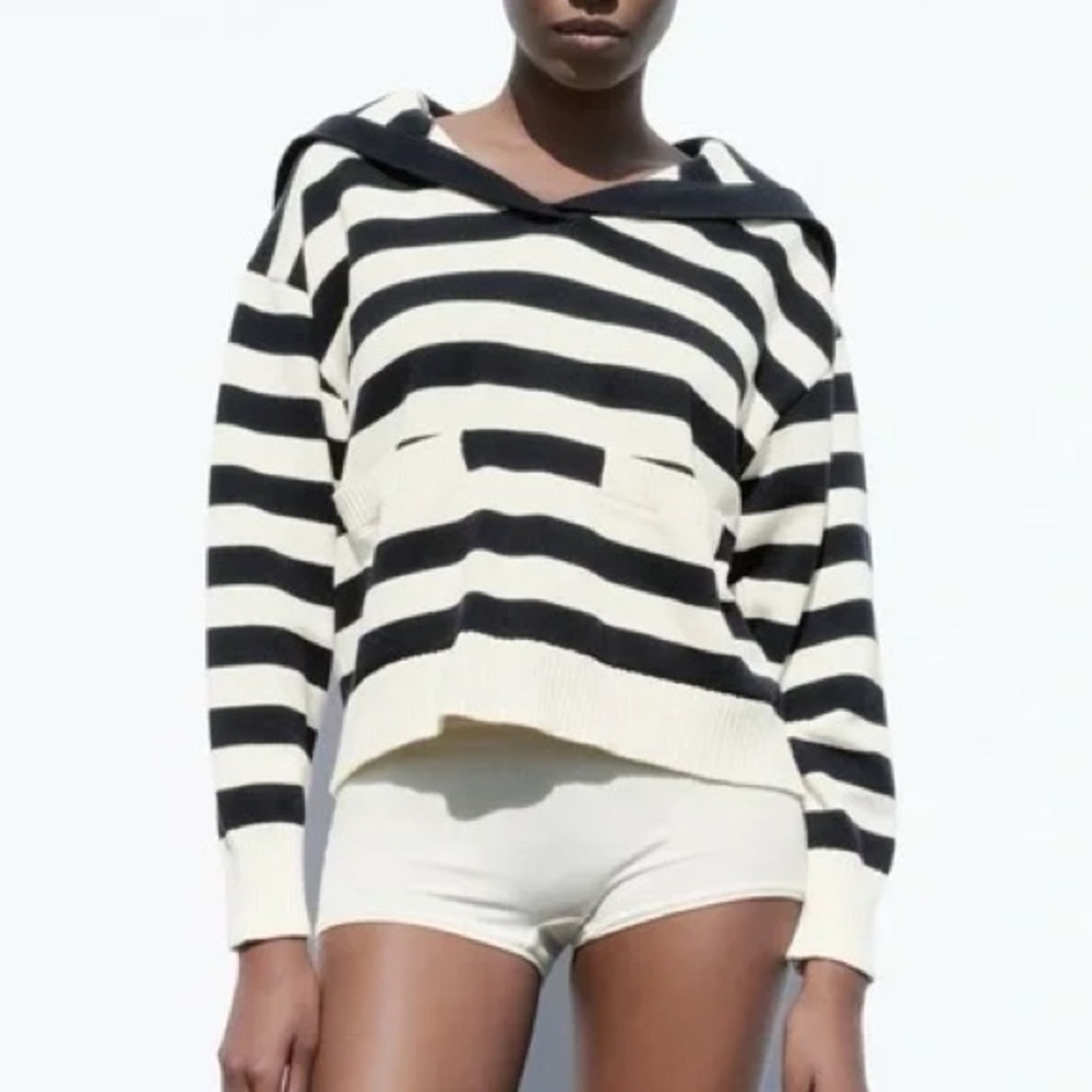 Zara Navy and Cream Striped Cotton Women's Sweater Knit Medium